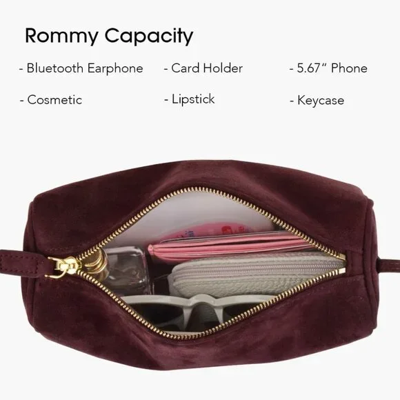 women Burgundy Suede Leather Small Crossbody Shoulder Bag with Adjustable strap - Picture 7 of 7